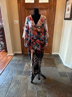 Natori Floral & Zebra Print Swim Coverup in Black, White, Blue, Pink